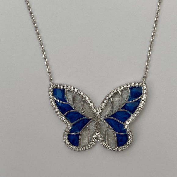 🦋925 Silver butterfly necklace cz blue handmade enamel